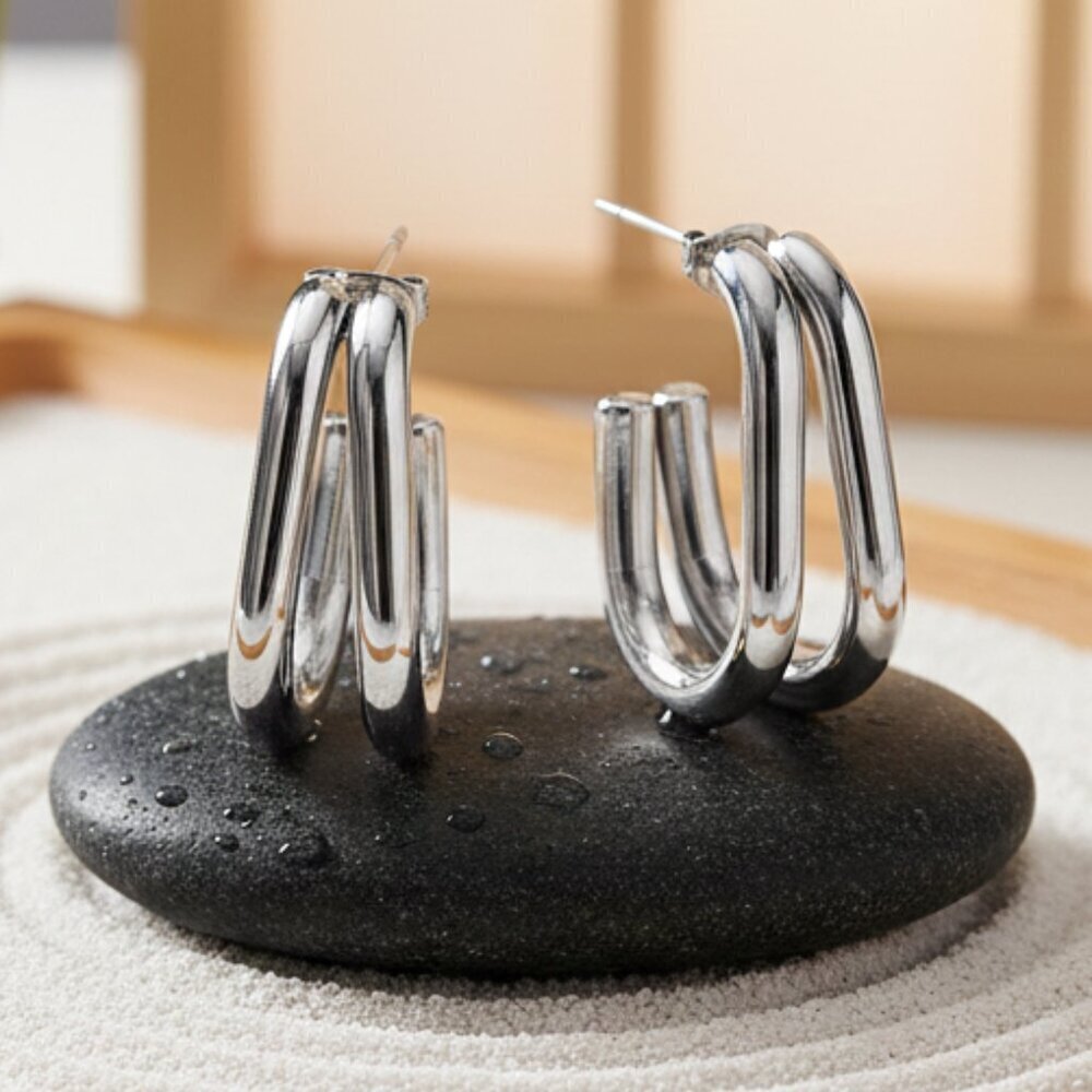 Double C-Hoop Silver Color Earrings | 18K White Gold Plated Stainless Steel